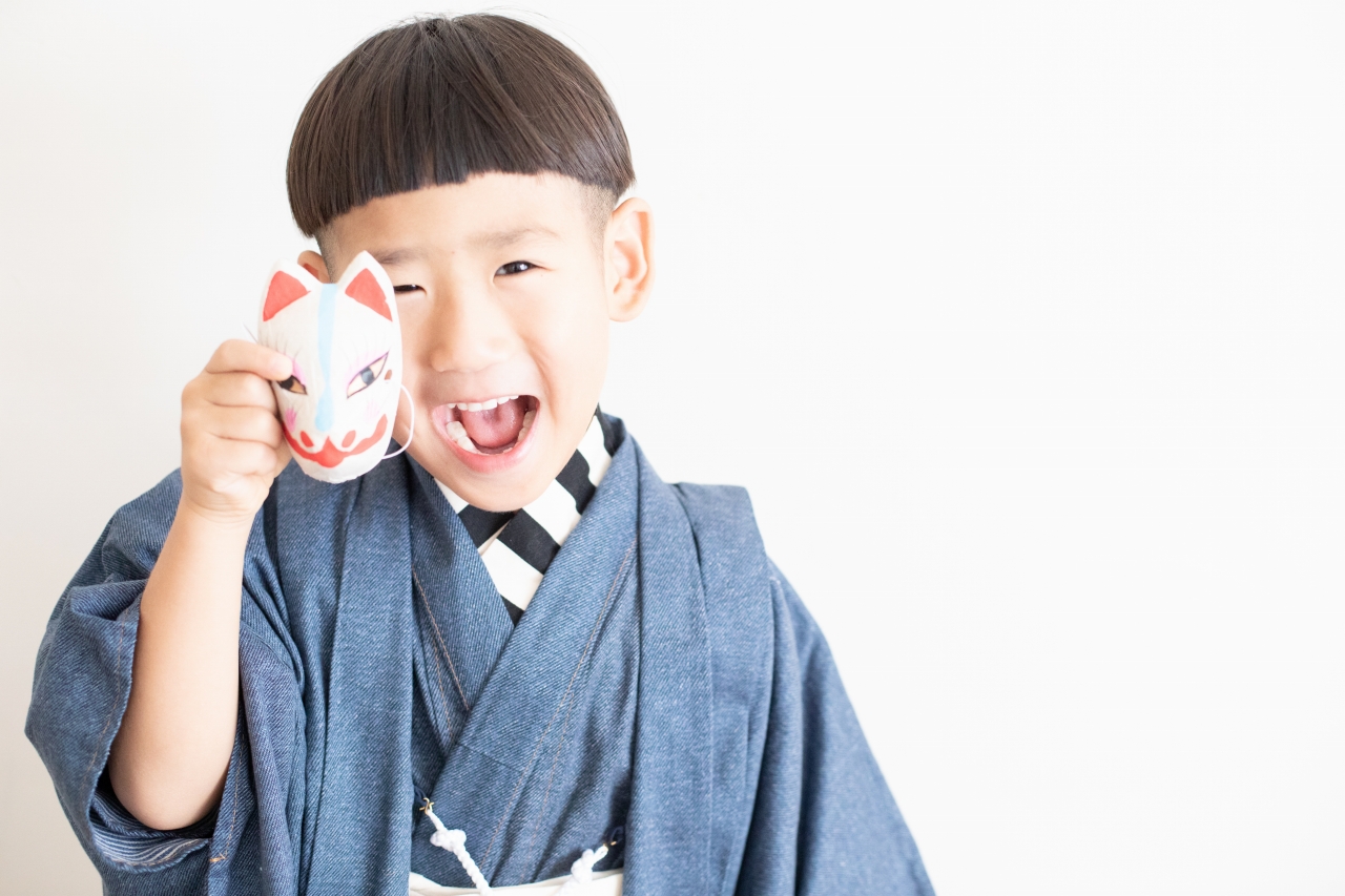 5歳七五三,スタジオ撮影,デニム着物,かっこいい,狐のお面